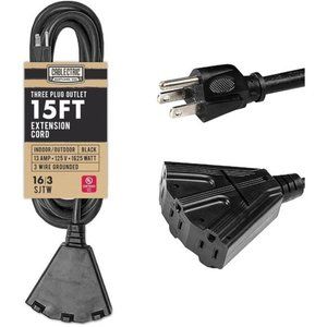 Weatherproof Extension Cord 15 Ft 3 Outlets, Outdoor Multiple Outlets 3 Prong